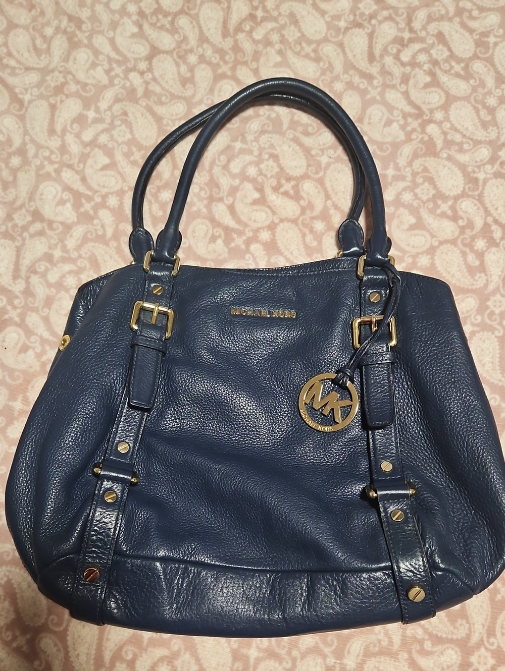 Michael Kors Navy Leather Tote with Gold Hardware